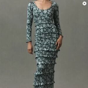 V Chapman Laney long-sleeve scoop neck ruched ruffled satin maxi size 2